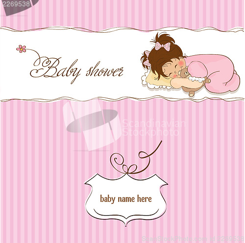 Image of baby shower card with little baby girl play with her teddy bear 