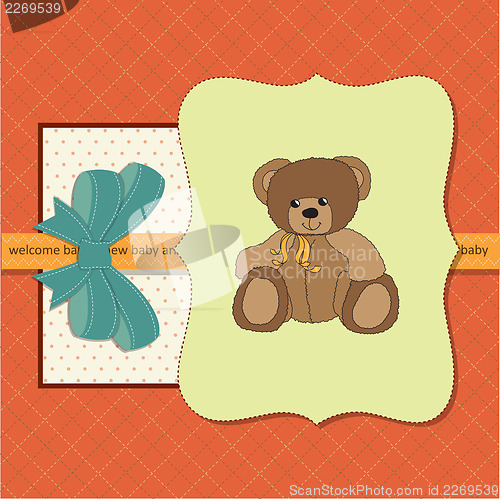 Image of baby shower card with teddy bear toy