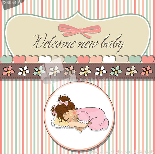 Image of baby shower card with little baby girl play with her teddy bear 