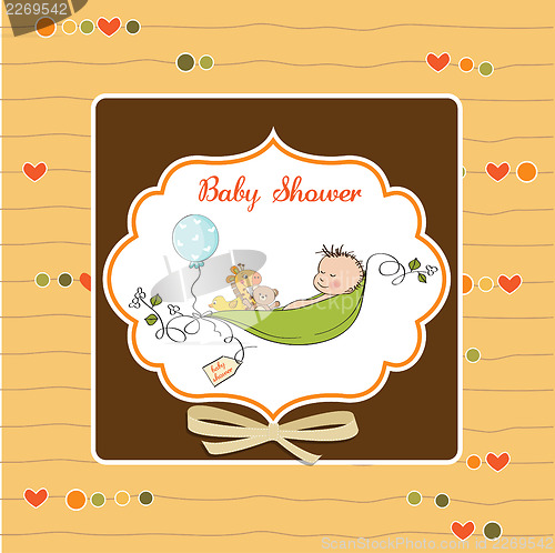 Image of little boy sleeping in a pea been, baby announcement card