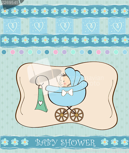 Image of baby boy announcement card with baby and pram