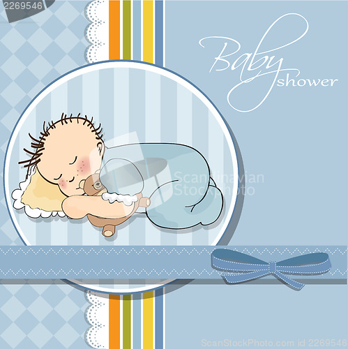 Image of baby shower card with little baby boy sleep with his teddy bear 