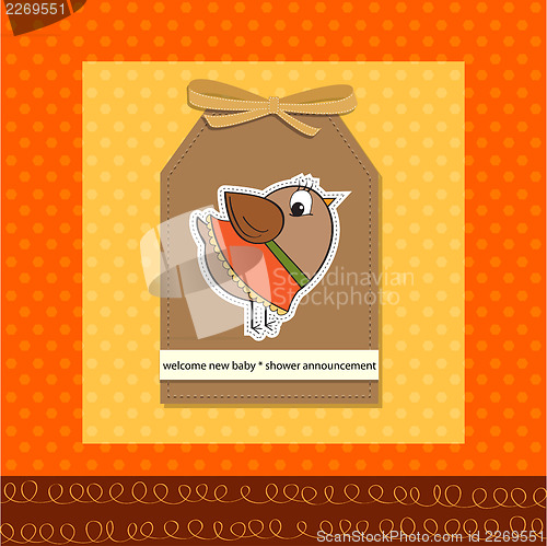 Image of welcome baby card with funny little bird
