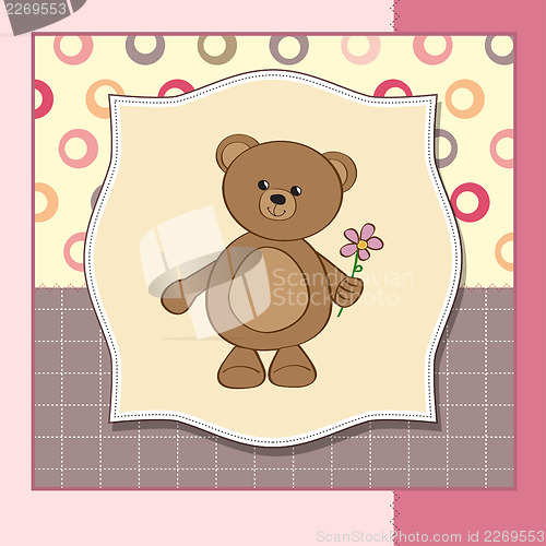 Image of happy birthday card with teddy bear and flower