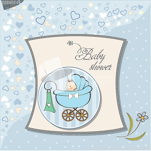 Image of baby boy announcement card with baby and pram