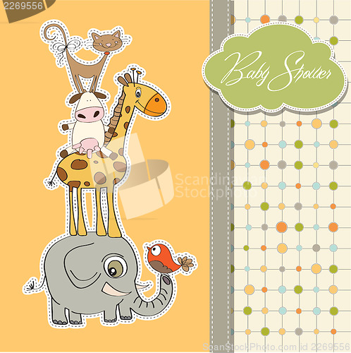 Image of baby shower card with funny pyramid of animals