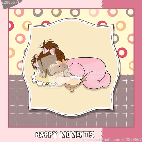 Image of baby shower card with little baby girl play with her teddy bear 