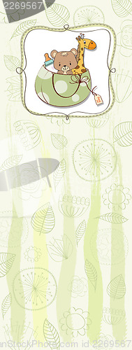 Image of new baby announcement card with bag and same toys