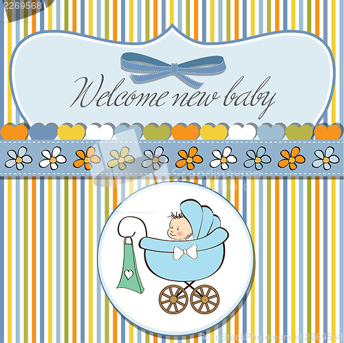 Image of baby boy announcement card with baby and pram