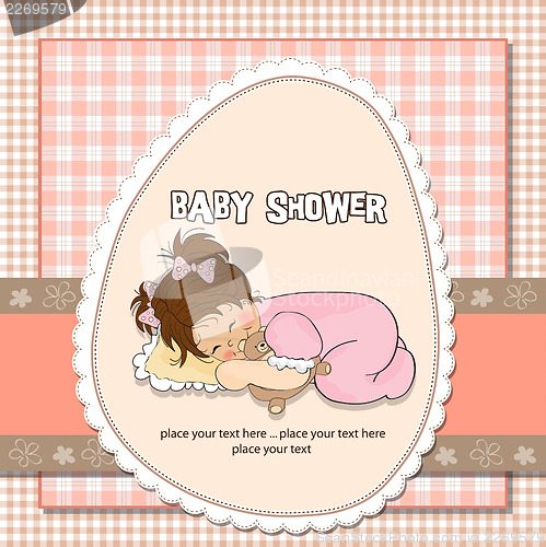 Image of baby shower card with little baby girl play with her teddy bear 