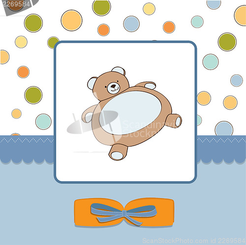 Image of baby shower card with teddy bear toy