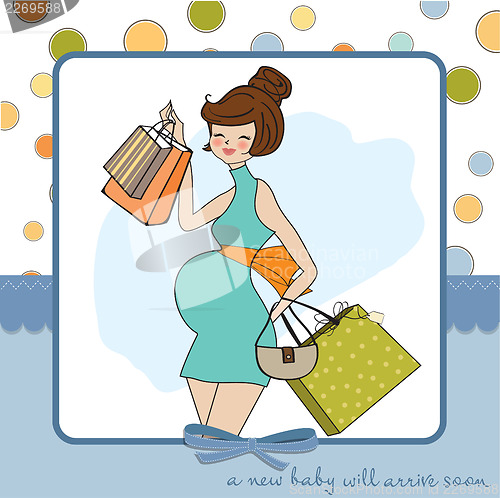 Image of baby announcement card with beautiful pregnant woman on shopping