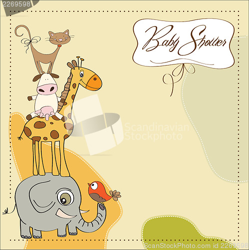 Image of baby shower card with funny pyramid of animals