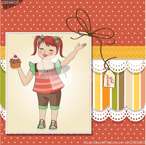 Image of birthday greeting card with girl and big cupcake