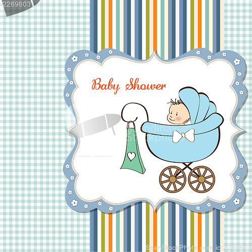 Image of baby boy announcement card with baby and pram