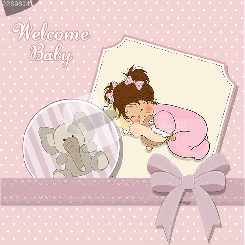 Image of baby shower card with little baby girl play with her teddy bear 