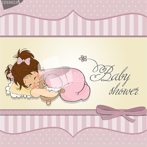 Image of baby shower card with little baby girl play with her teddy bear 