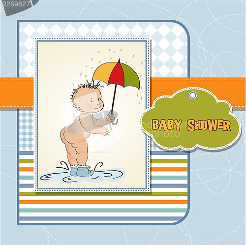 Image of baby boy shower card with funny baby under his umbrella