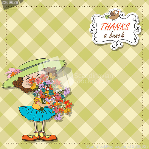 Image of funny girl with a bunch of flowers