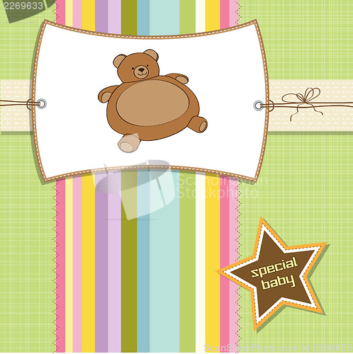 Image of baby shower card with teddy bear toy