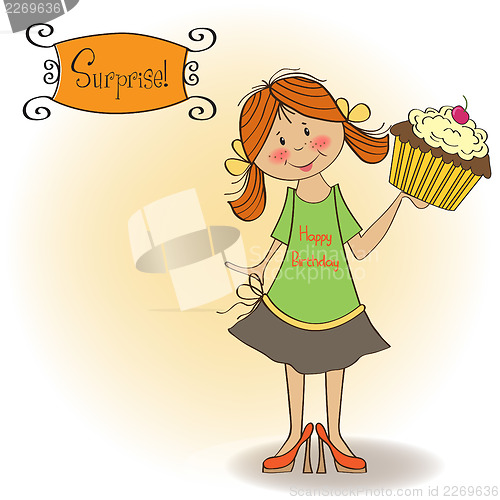 Image of birthday greeting card with girl and big cupcake