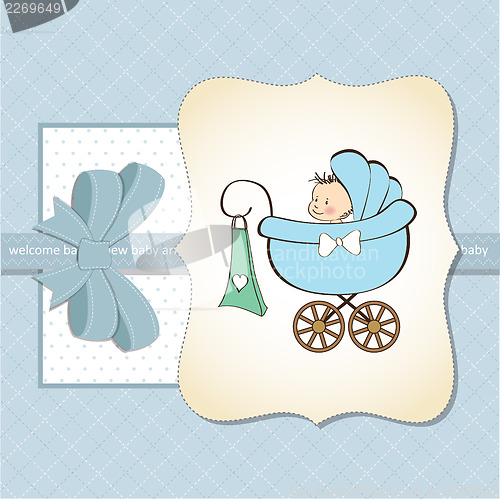 Image of baby boy announcement card with baby and pram