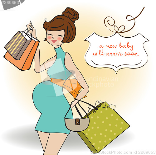 Image of baby announcement card with beautiful pregnant woman on shopping