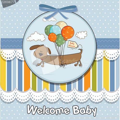 Image of baby shower card with long dog and balloons