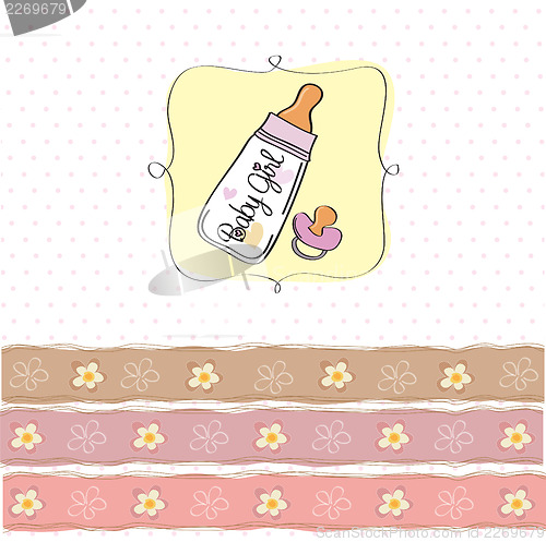 Image of new baby girl announcement card with milk bottle and pacifier