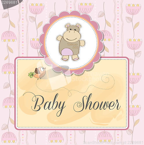 Image of childish baby shower card with hippo toy