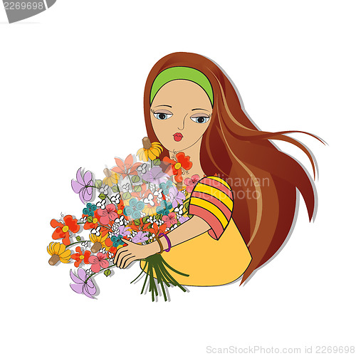 Image of young girl with a bunch of flowers