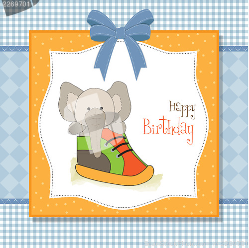 Image of happy birthday card with an elephant hidden in a shoe