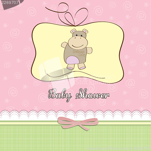 Image of childish baby girl announcement card with hippo toy