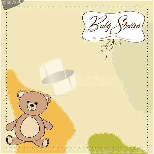 Image of baby shower card with teddy bear toy
