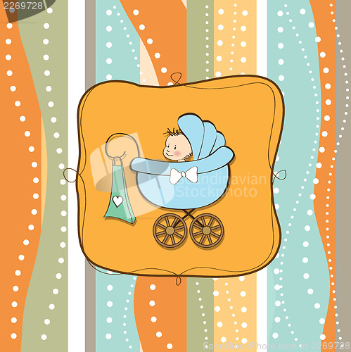 Image of baby boy announcement card with baby and pram
