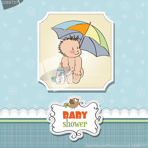 Image of baby boy shower card with funny baby under his umbrella