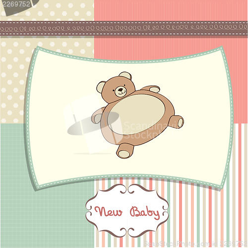 Image of romantic baby girl announcement card with teddy bear