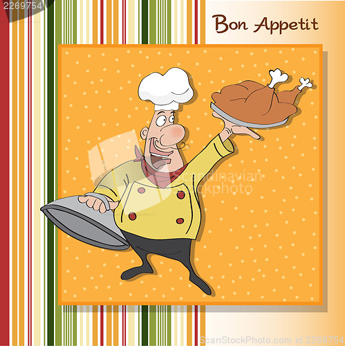 Image of funny cartoon chef with tray of food in hand
