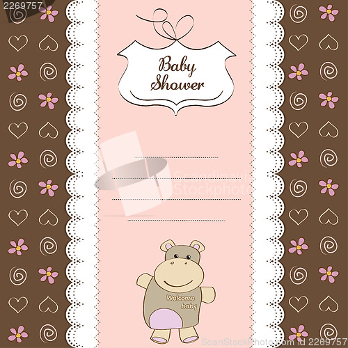 Image of childish baby girl announcement card with hippo toy