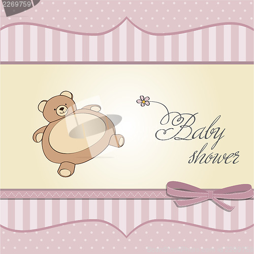 Image of romantic baby girl announcement card with teddy bear