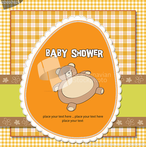 Image of baby shower card with teddy bear toy