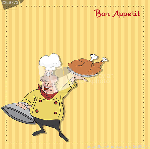 Image of funny cartoon chef with tray of food in hand