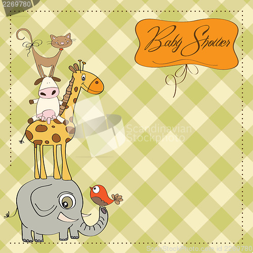 Image of baby shower card with funny pyramid of animals