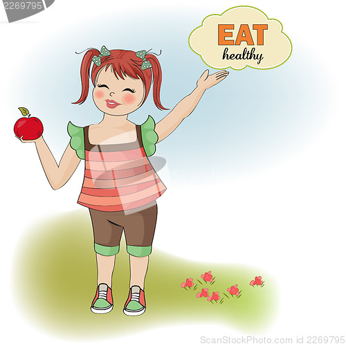 Image of pretty young girl recommends healthy food
