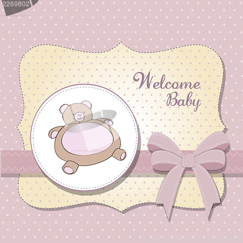 Image of baby shower card with teddy bear toy