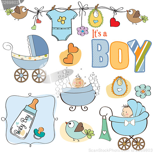 Image of baby boy shower elements set isolated on white background