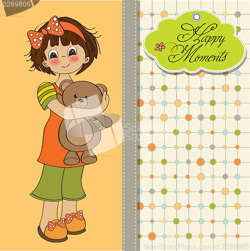 Image of young girl going to sleep with her favorite toy, a teddy bear