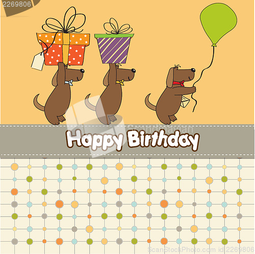 Image of three dogs that offer a big gift. birthday greeting card