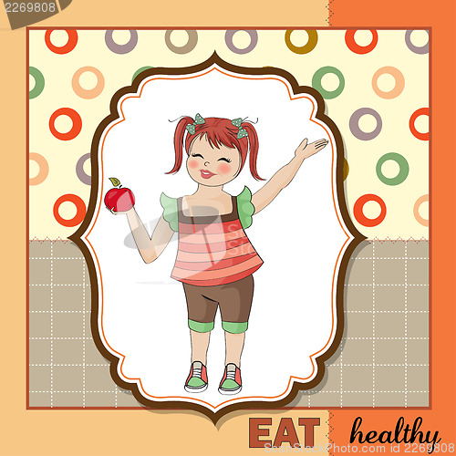 Image of pretty young girl recommends healthy food