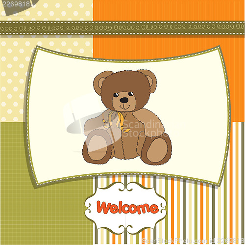 Image of baby shower card with teddy bear toy